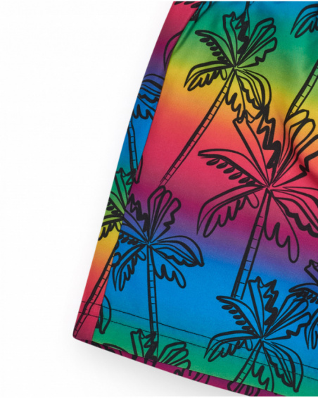 Bañador para niño multicolor con estampado de palmeras y cintura ajustable.