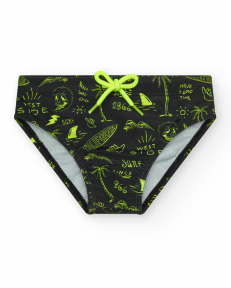 Slip de baño para niño en negro con estampado surfero y cordón flúor.