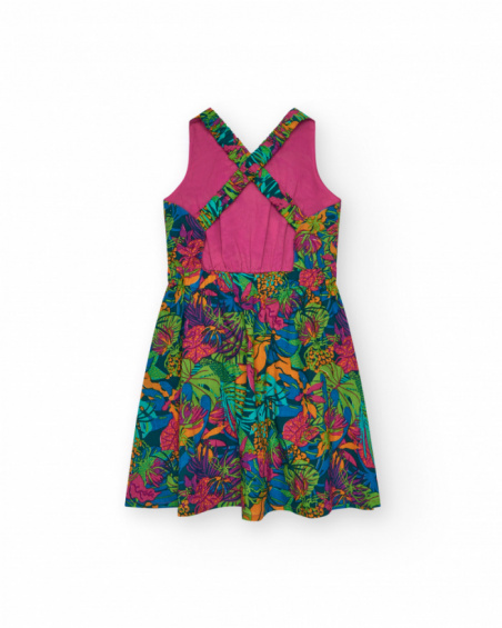 Vestido para niña con estampado tropical multicolor y tirantes cruzados. Vestido para niña con estampado tropical multicolor y tirantes cruzados.
