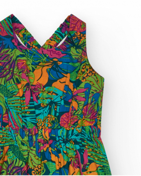 Vestido para niña con estampado tropical multicolor y tirantes cruzados. Vestido para niña con estampado tropical multicolor y tirantes cruzados.