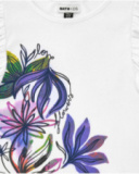 Camiseta para niña en blanco con mangas de volante y estampado floral. Camiseta para niña en blanco con mangas de volante y estampado floral.