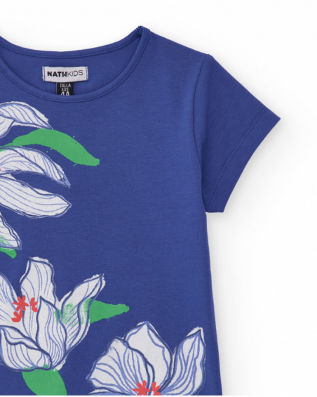 Camiseta niña en azul cobalto con estampado floral lateral Camiseta niña en azul cobalto con estampado floral lateral