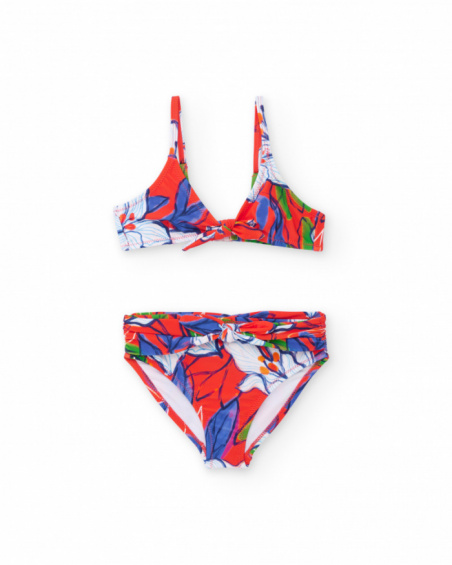 Bikini niña en rojo con estampado floral y lazadas Bikini niña en rojo con estampado floral y lazadas