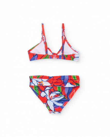 Bikini niña en rojo con estampado floral y lazadas Bikini niña en rojo con estampado floral y lazadas