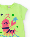 Camiseta de niña en verde neón con estampado de cangrejo multicolor Camiseta de niña en verde neón con estampado de cangrejo multicolor