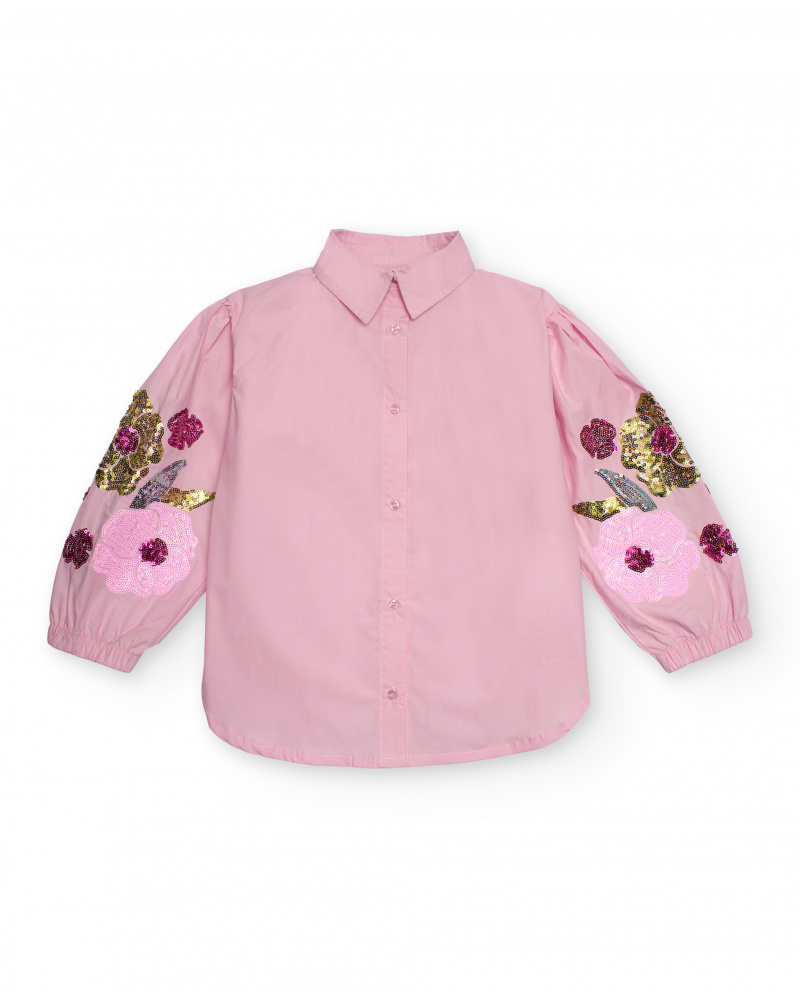 Camisa rosa para niña con bordado floral en mangas