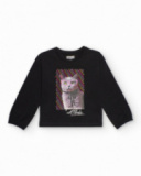 Camiseta de manga larga negra para niña con estampado de gato
