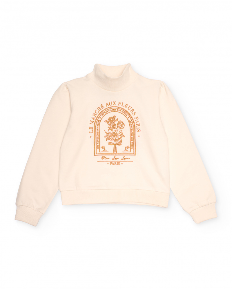 Sudadera color marfil para niña con cuello alto y estampado