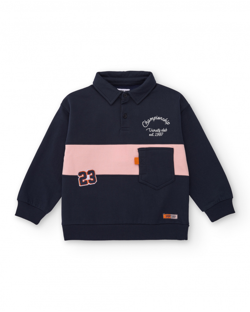 Polo de manga larga para niño en azul marino con franja rosa