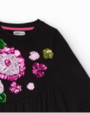 Vestido negro de manga larga con flores de lentejuelas para niña