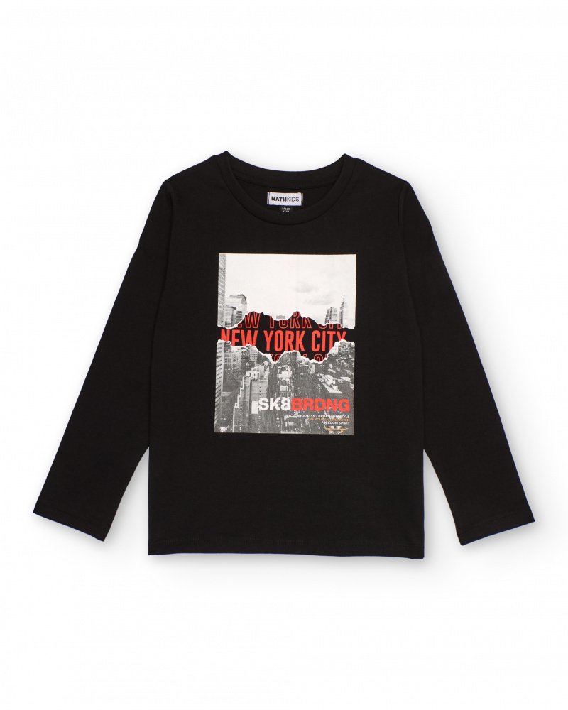 Camiseta negra de manga larga para niño con estampado urbano de