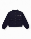 Chaqueta azul marino de felpa para niña con bordado frontal