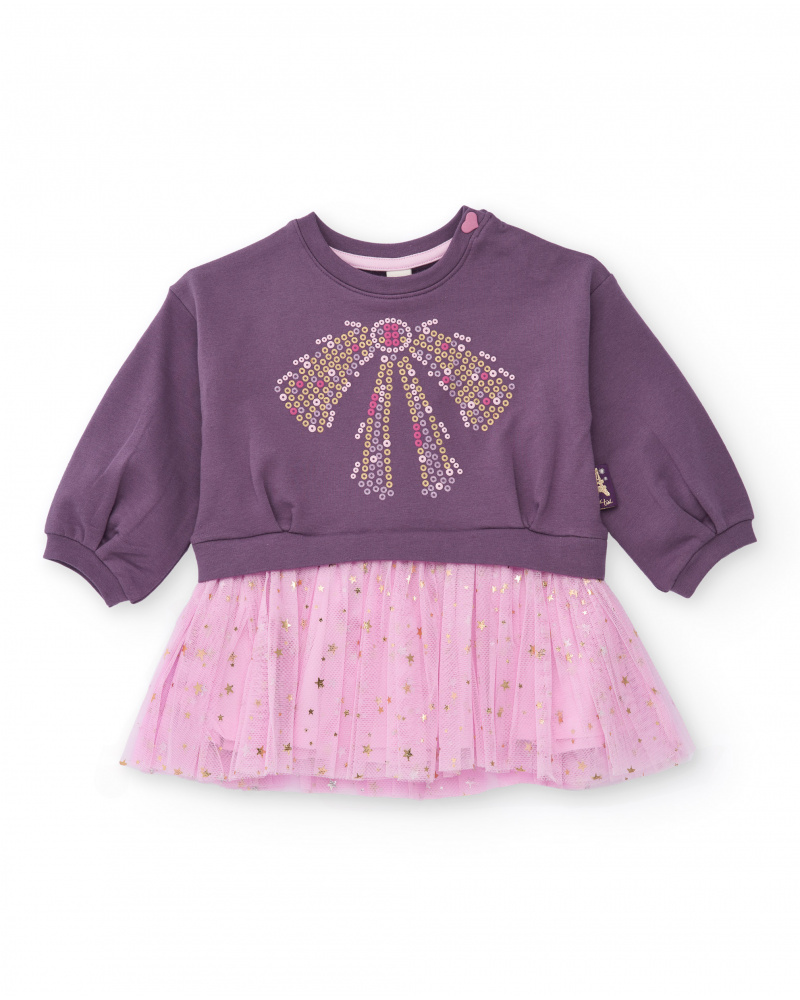 Vestido morado para niña con falda de tul rosa y detalles de
