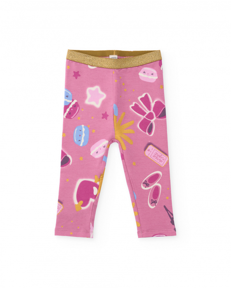 Leggings de punto para niña color rosa con estampado de macarons