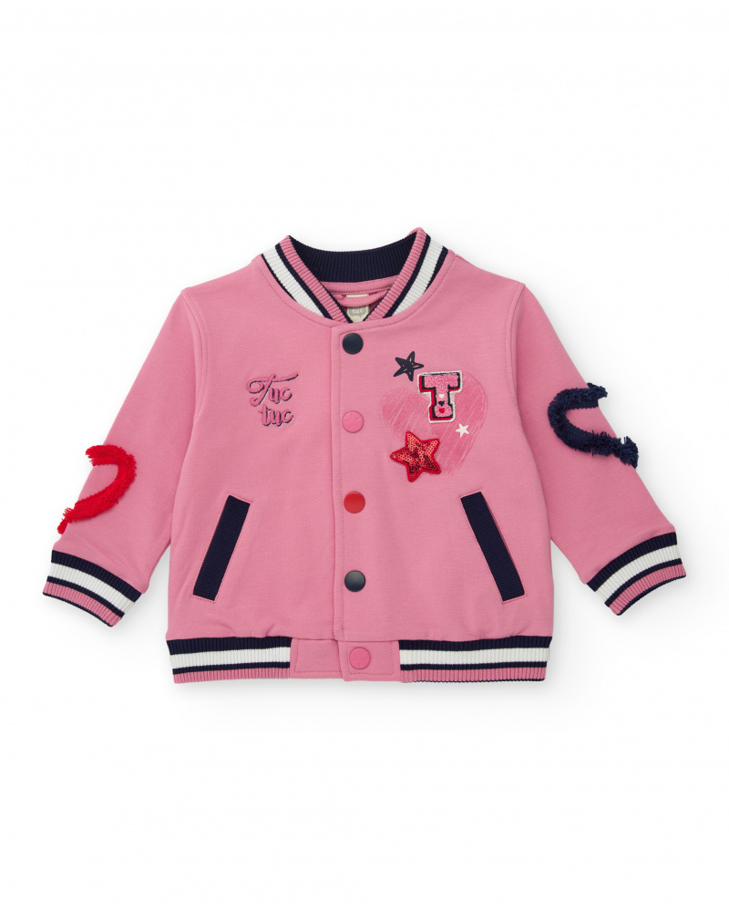 Chaqueta tipo varsity rosa para niña con detalles bordados y