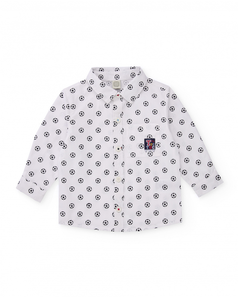Camisa de popelín para niño en blanco con estampado de balones.