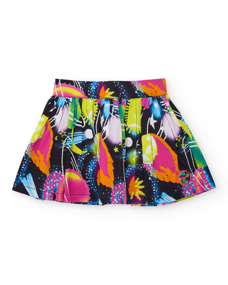 Falda de niña con estampado galáctico multicolor.