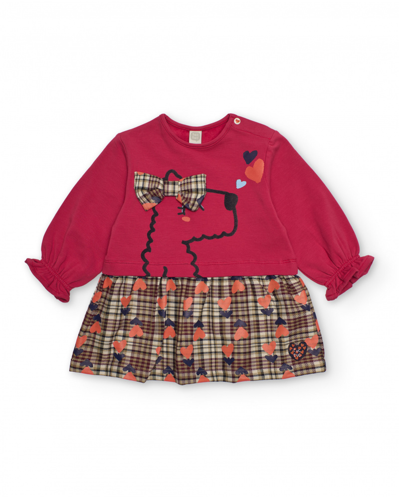 Vestido para niña en rojo con falda de cuadros y lazo