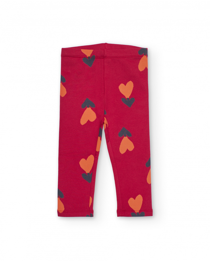 Leggings para niña en rojo cereza con estampado de corazones