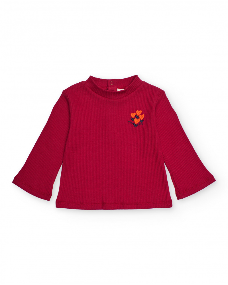 Camiseta de manga larga para niña en rojo cereza con bordado de