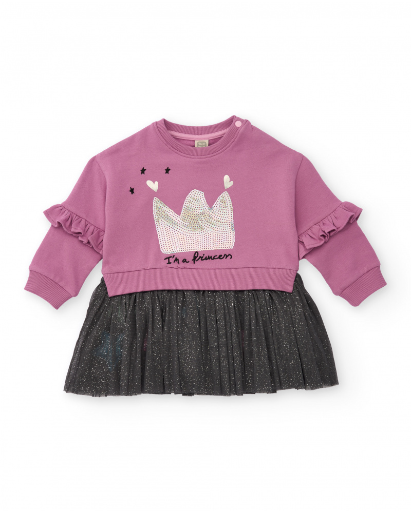 Vestido sudadera para niña en rosa con volante y falda de tul