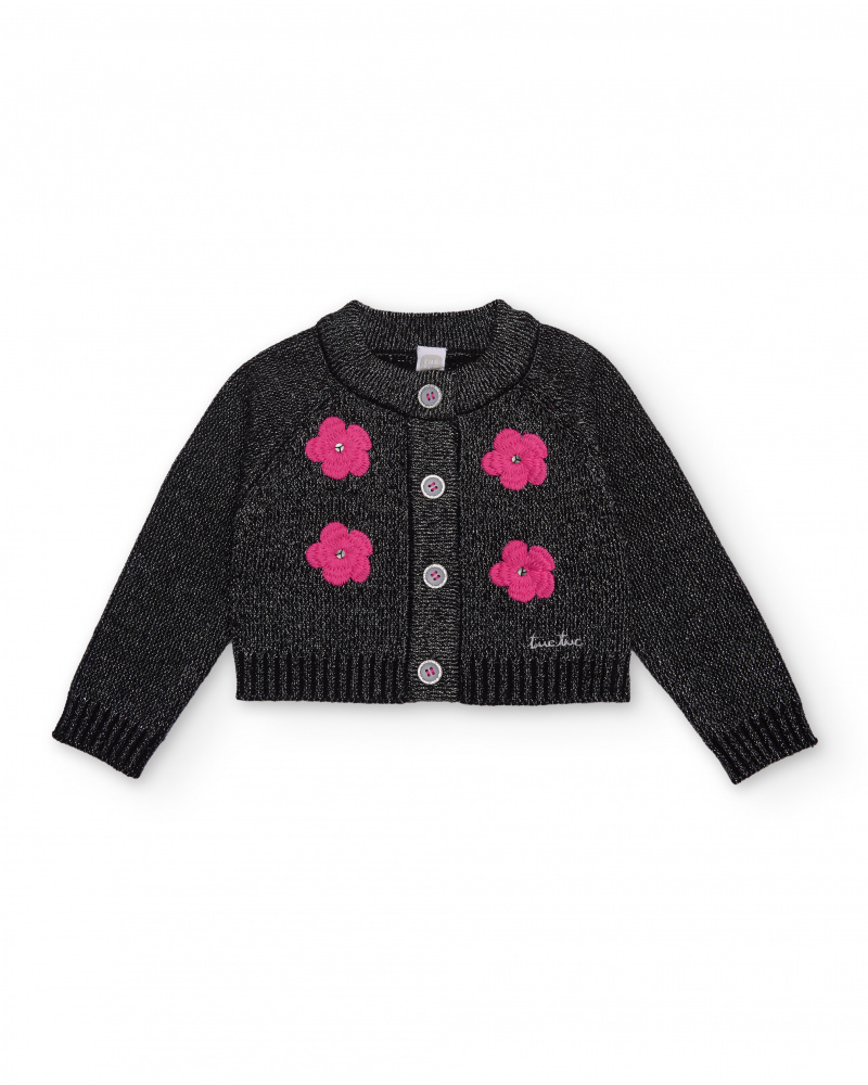 Chaqueta de punto para niña en negro con flores fucsias