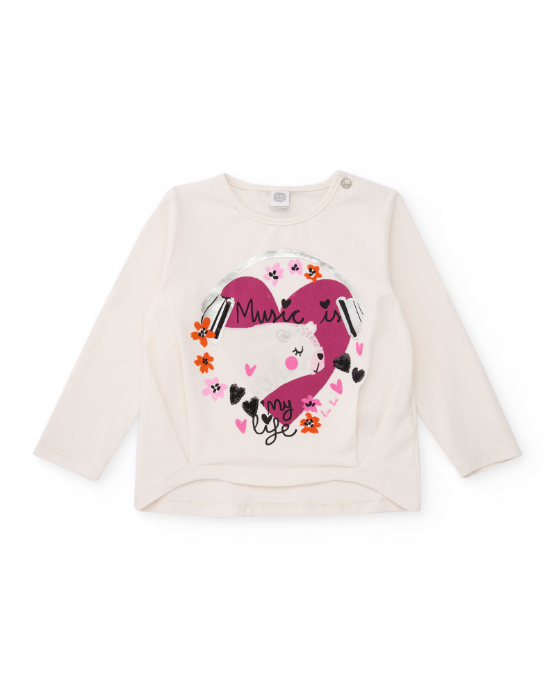 Camiseta de niña en crudo con estampado de música y brillos