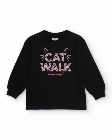 Sudadera negra de junior niña con estampado "CAT WALK"