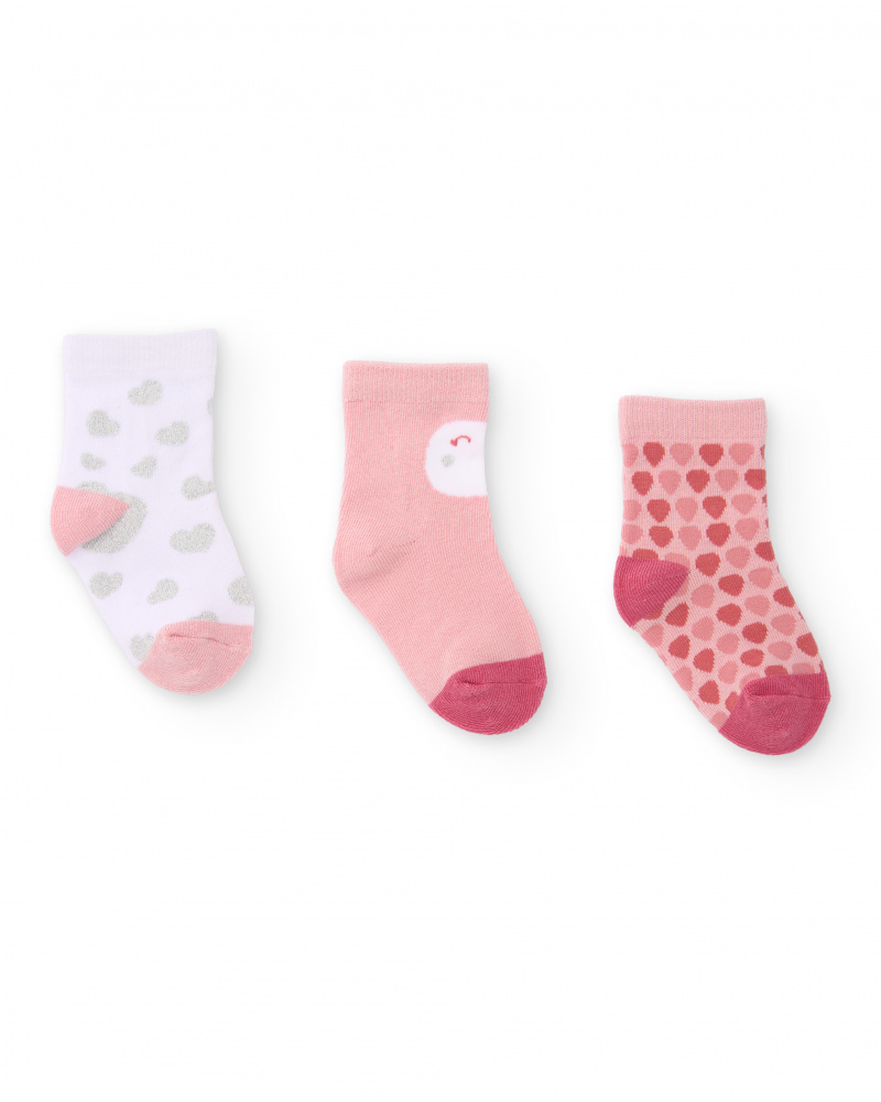 Set de 3 pares de calcetines para bebé niña en tonos rosa y