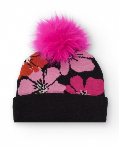 Gorro de niña negro con estampado floral y pompón rosa