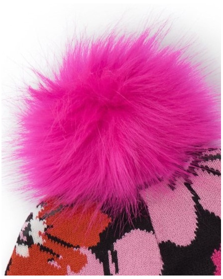 Gorro de niña negro con estampado floral y pompón rosa