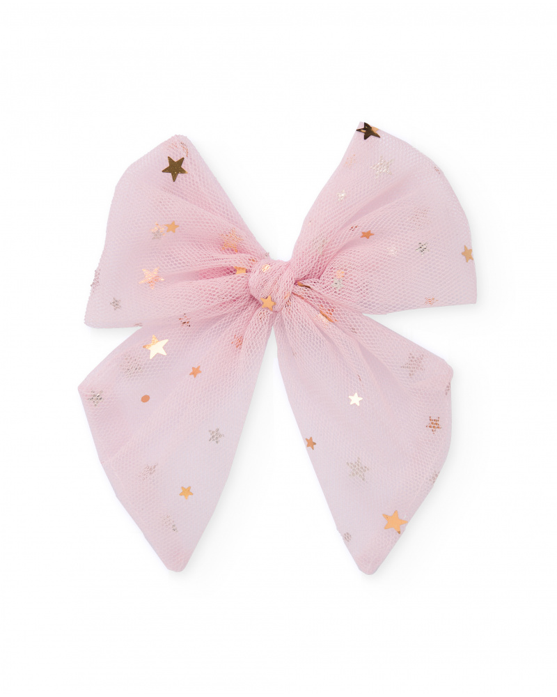 Lazo para niña en tul rosa con estrellas doradas
