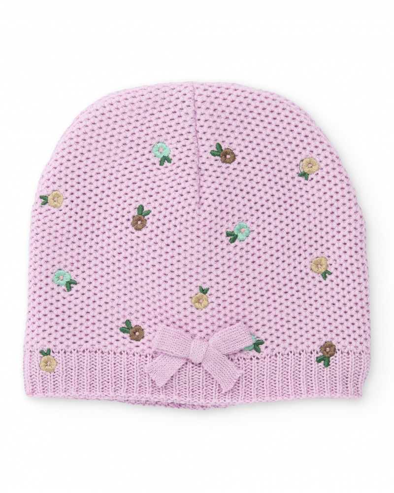 Gorro de bebé niña color lila con bordado floral