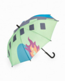 Paraguas de niño color verde con estampado de llamas y ventanas