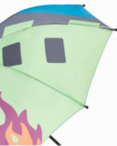 Paraguas de niño color verde con estampado de llamas y ventanas