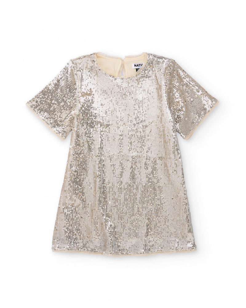 Vestido de niña en color plata con lentejuelas y manga corta