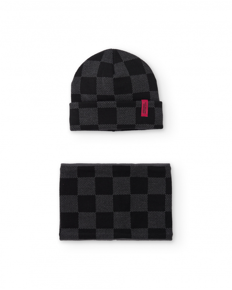 Set de gorro y braga de punto en cuadros negros y grises