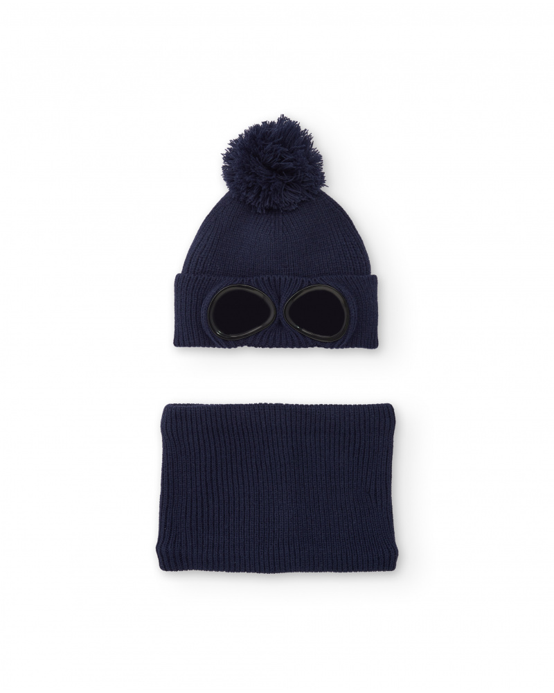 Set de gorro con pompón y braga de punto en azul marino