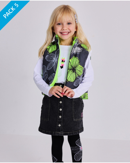Pack 5 piezas para niña: camiseta, falda, chaleco, leggings y pinzas