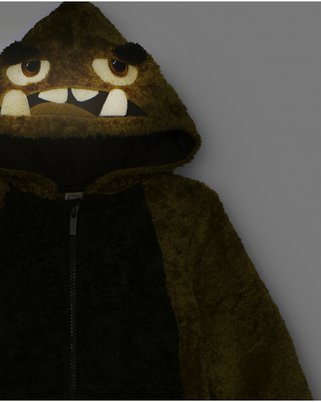 Pijama de niño en felpa mostaza con capucha de monstruo