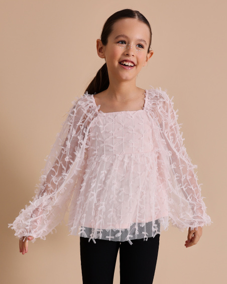 Blusa de niña en tul rosa con mangas abullonadas
