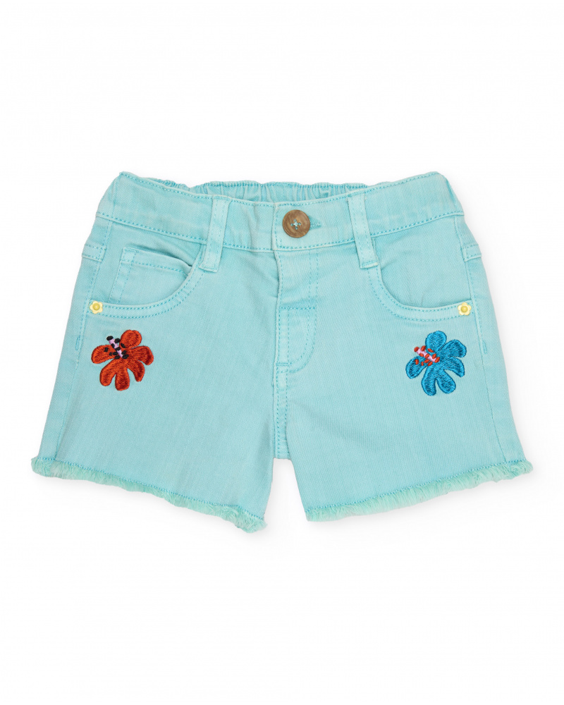 Short de niña de plana y denim con bordados