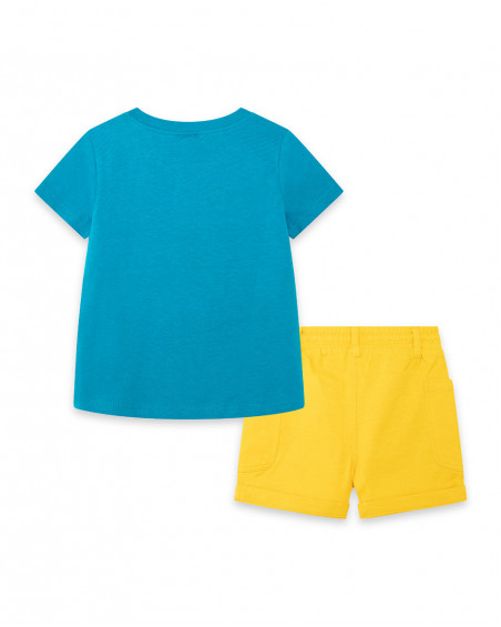 Conjunto camiseta manga corta azul y bermuda punto amarilla