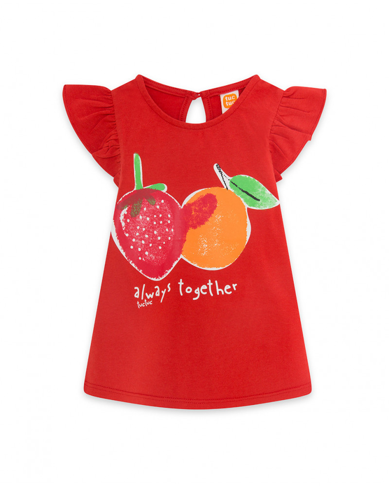 Camiseta sin mangas volantes roja frutas niña
