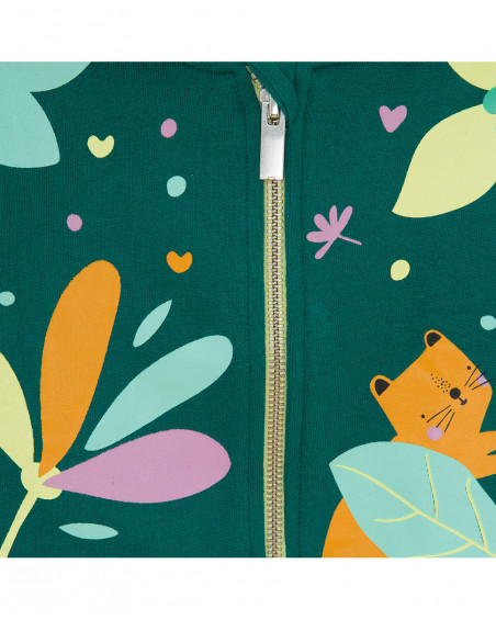 Sudadera felpa capucha y cremallera verde detalle orejas niña Sudadera felpa capucha y cremallera verde detalle orejas niña