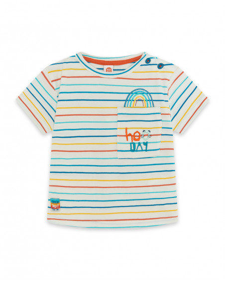 Camiseta manga corta beige y rayas colores con bolsillo niño