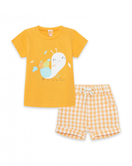 Conjunto camiseta manga corta y bermuda plana a cuadros naranja Conjunto camiseta manga corta y bermuda plana a cuadros naranja