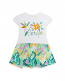 Vestido combinado manga corta blanco y estampado hojas niña Vestido combinado manga corta blanco y estampado hojas niña