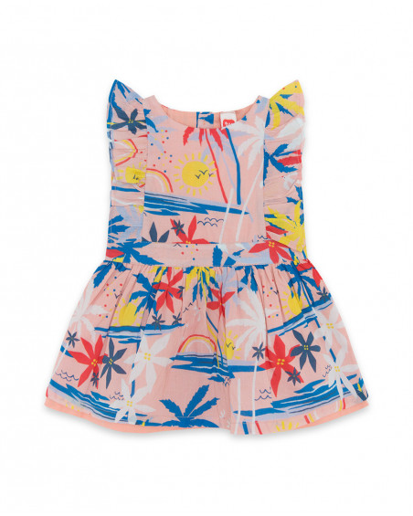 Vestido popelín sin mangas volantes rosa estampado playa niña Vestido popelín sin mangas volantes rosa estampado playa niña