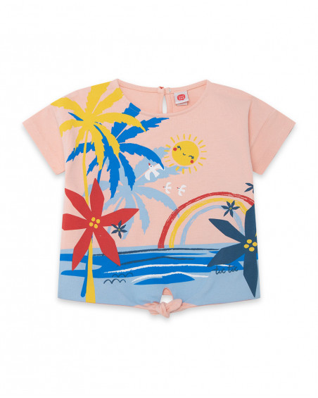 Camiseta punto manga corta rosa estampada playa con lazada niña